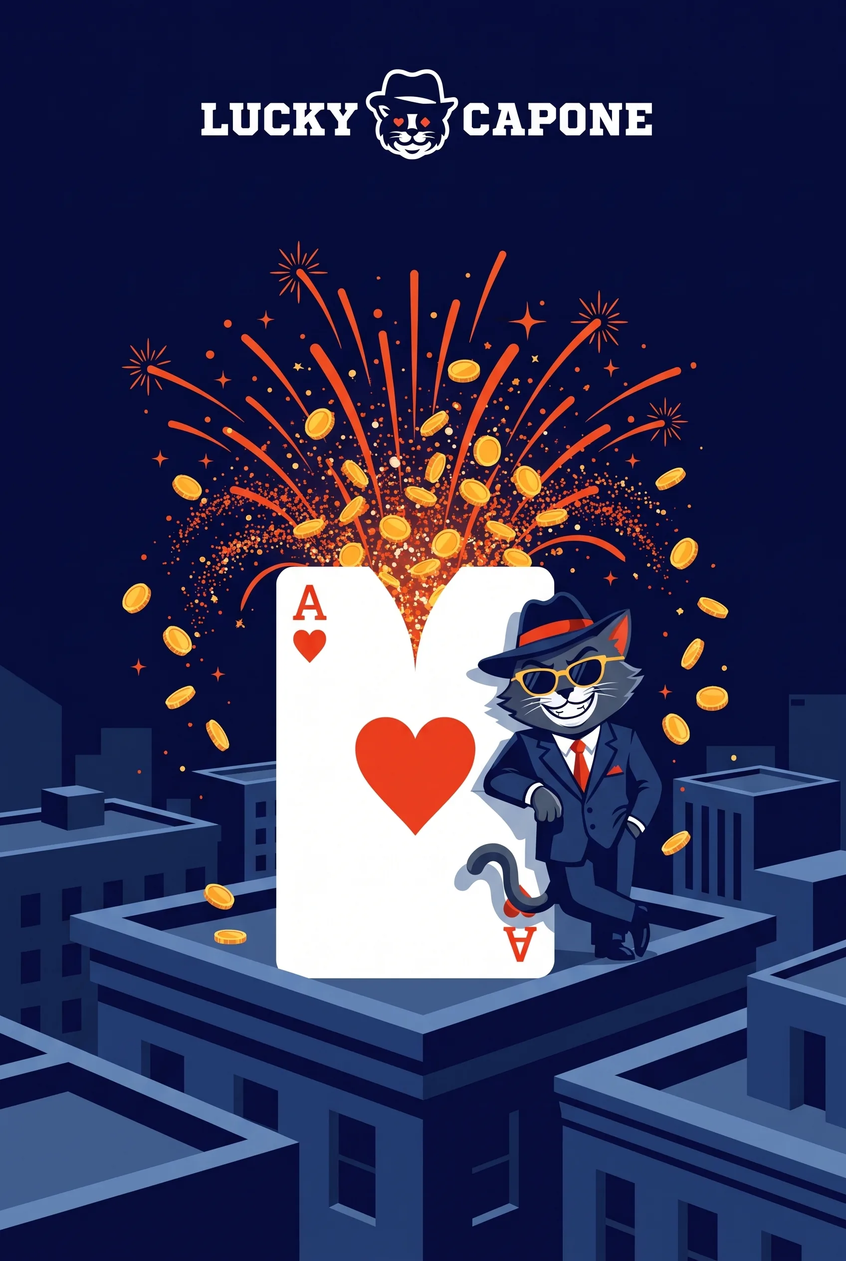 Lucky Capone cat beside a heart card and bonus coins